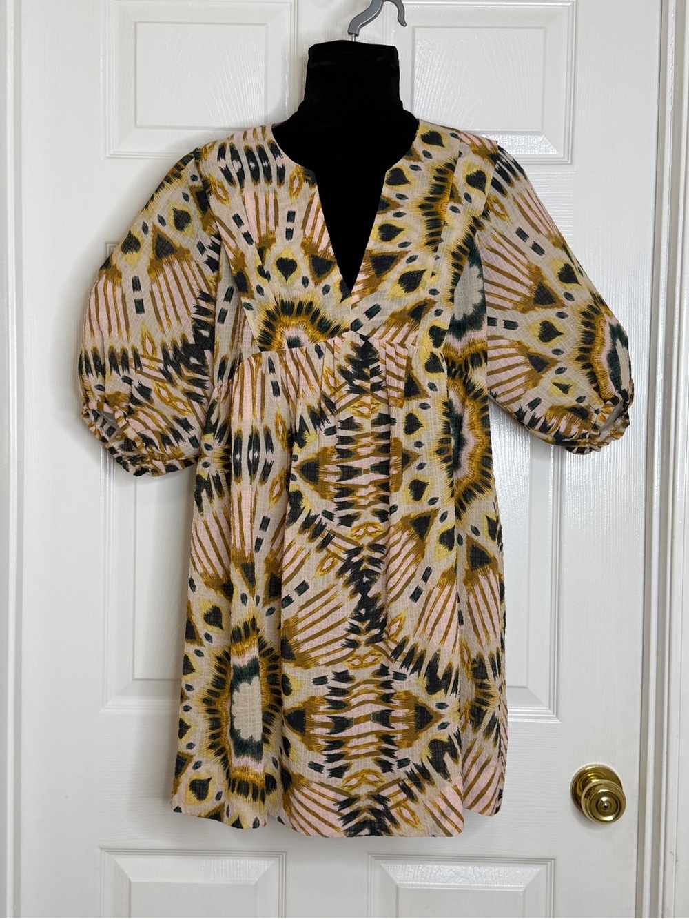 ba&sh Boho Printed Mini Dress Balloon Sleeve French Girl Style Size S
